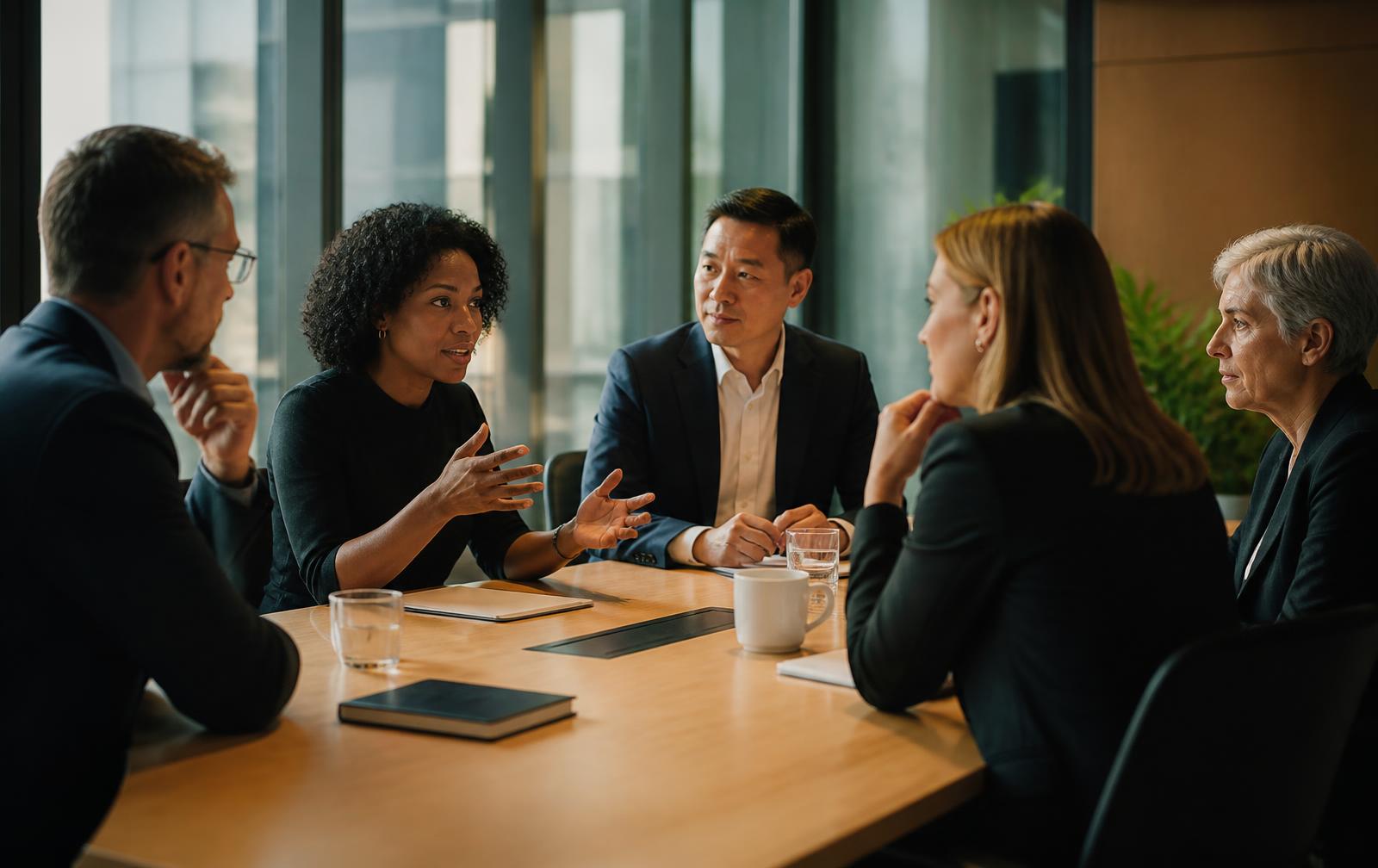 A leadership cohort in discussion around a boardroom table