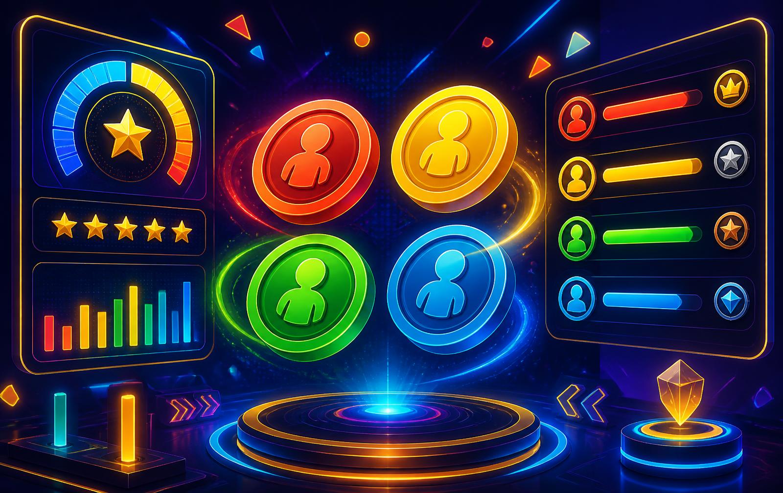 Colorful GamifyDNA scoreboards, timers and DISC style tokens
