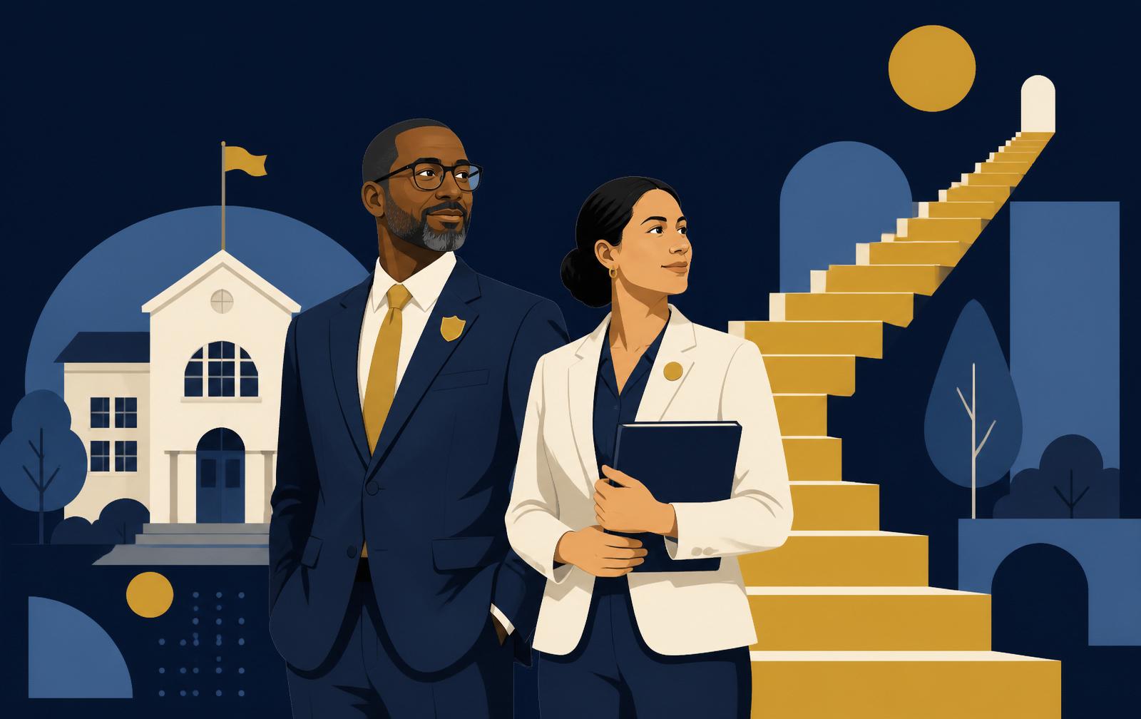 Flat illustration of a K-12 school principal and teacher leader with a school building and an ascending staircase representing leadership readiness