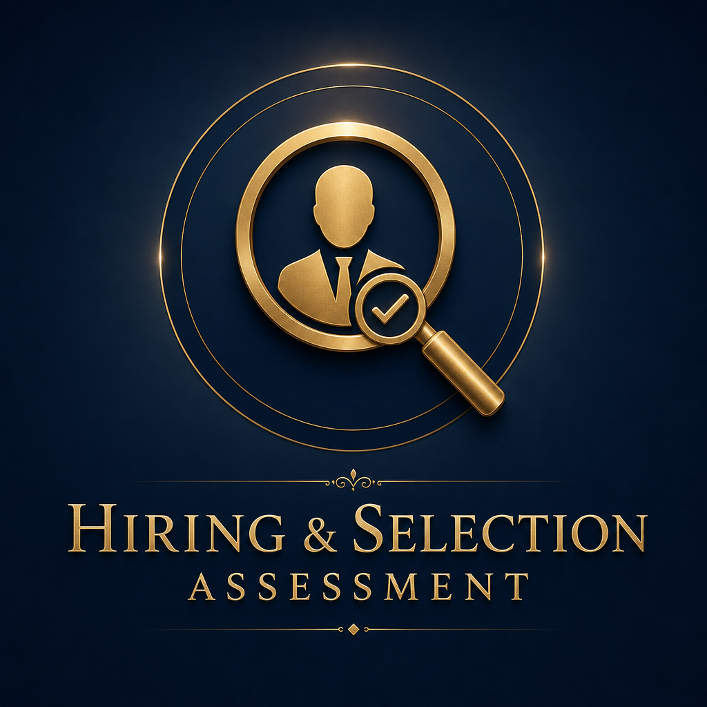 Hiring and Selection Assessment graphic with gold magnifying glass and candidate emblem on navy background.