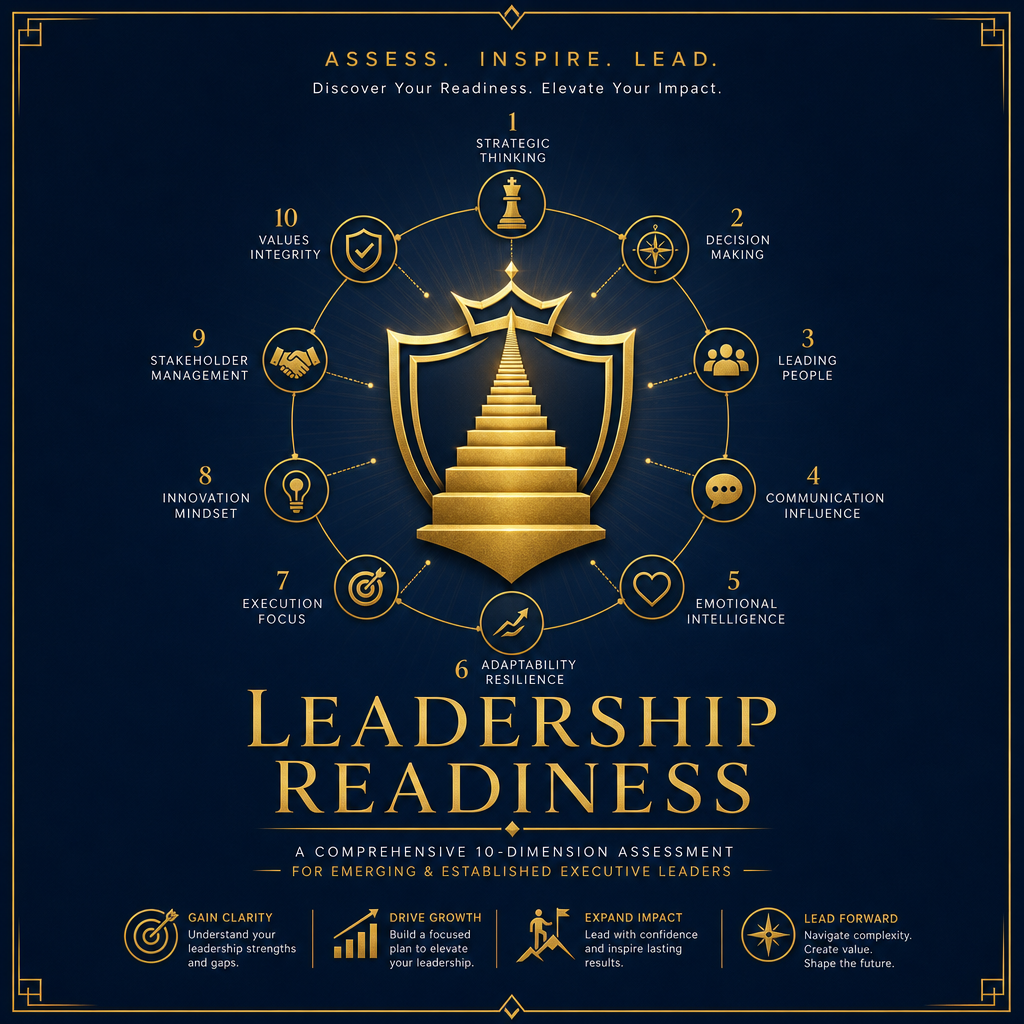 Leadership Readiness Assessment promotional graphic with gold staircase emblem on navy background.