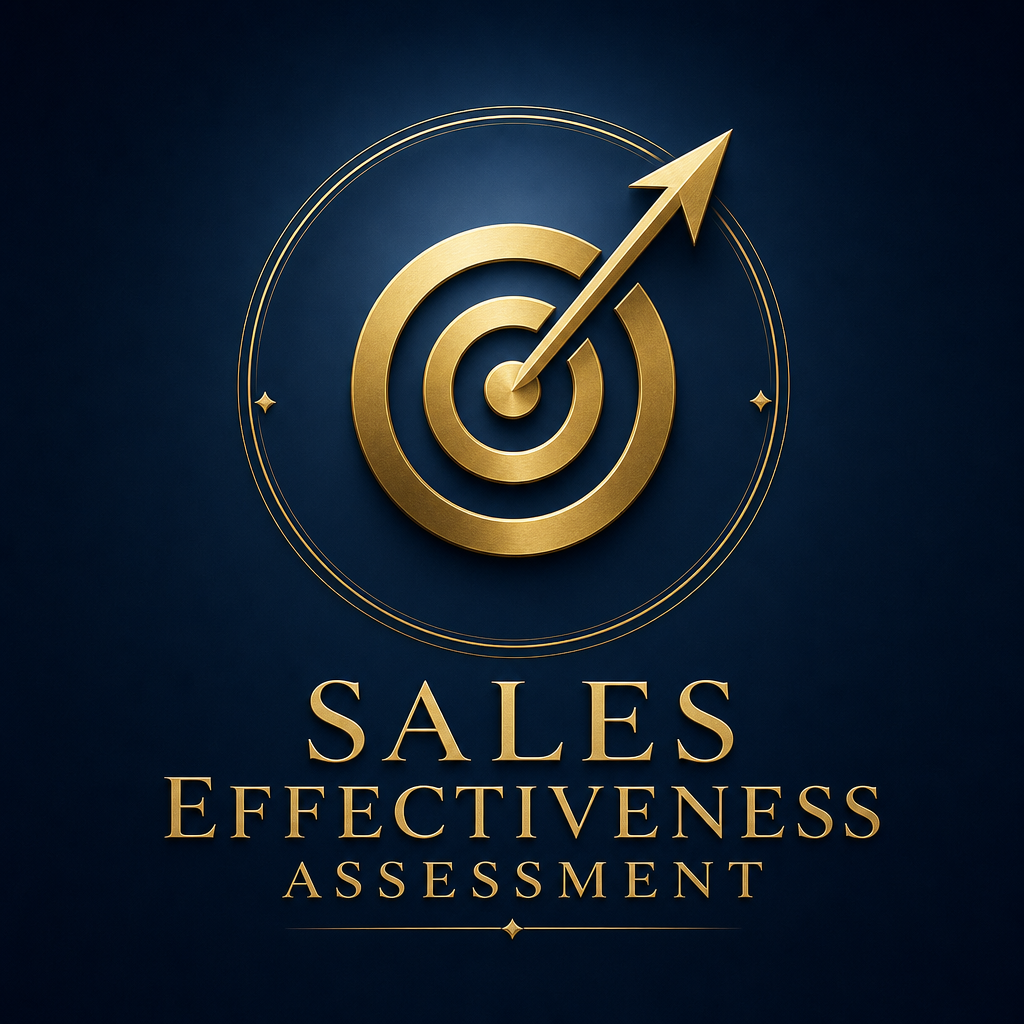 Sales Effectiveness Assessment graphic with gold target and arrow emblem on navy background.