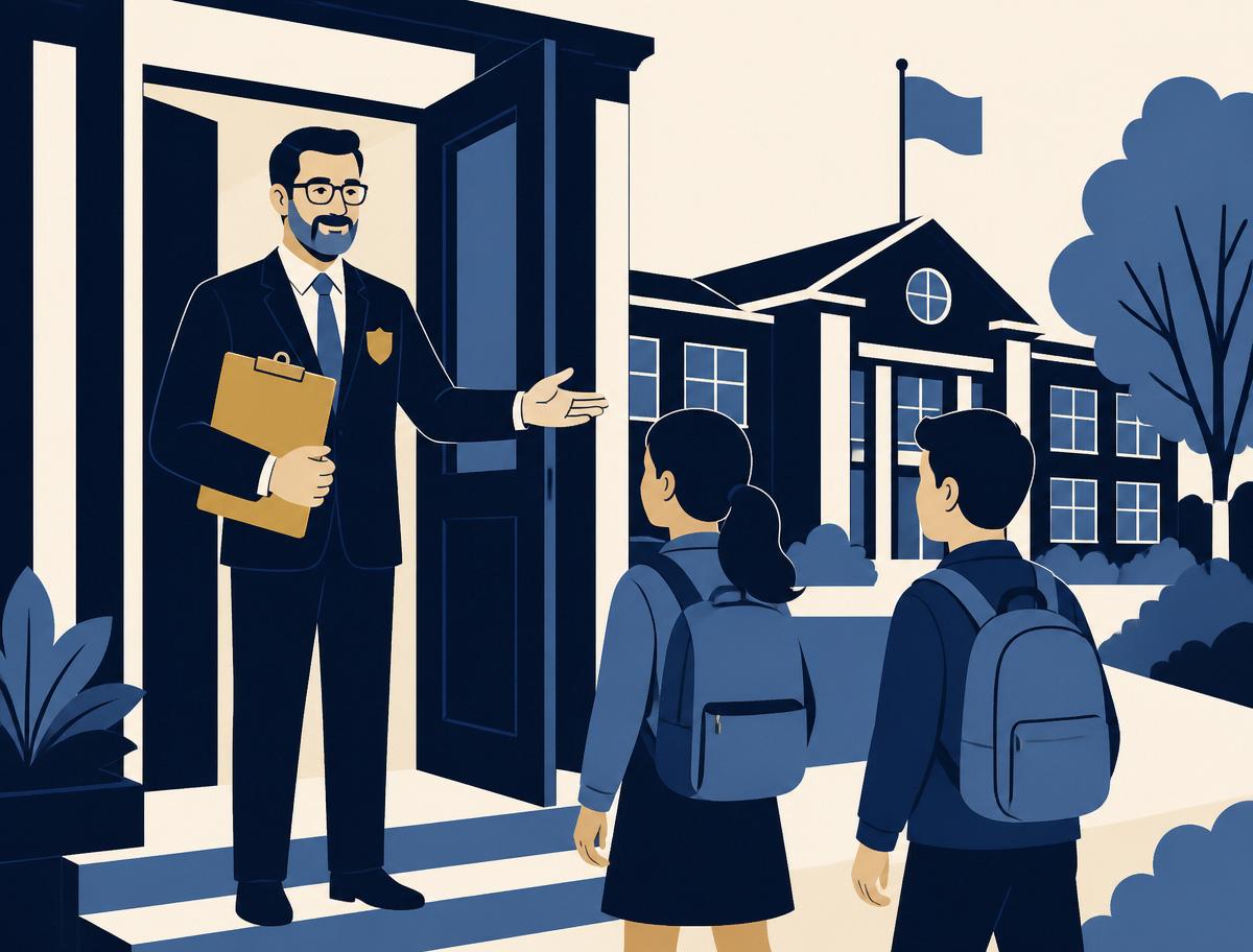 Flat illustration of a K-12 school principal welcoming students at the school entrance