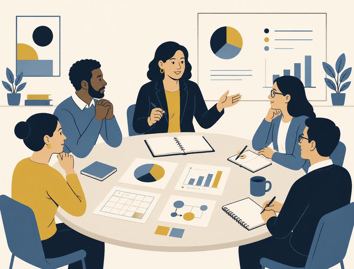 Flat illustration of a teacher leader facilitating a PLC meeting with fellow teachers around a table